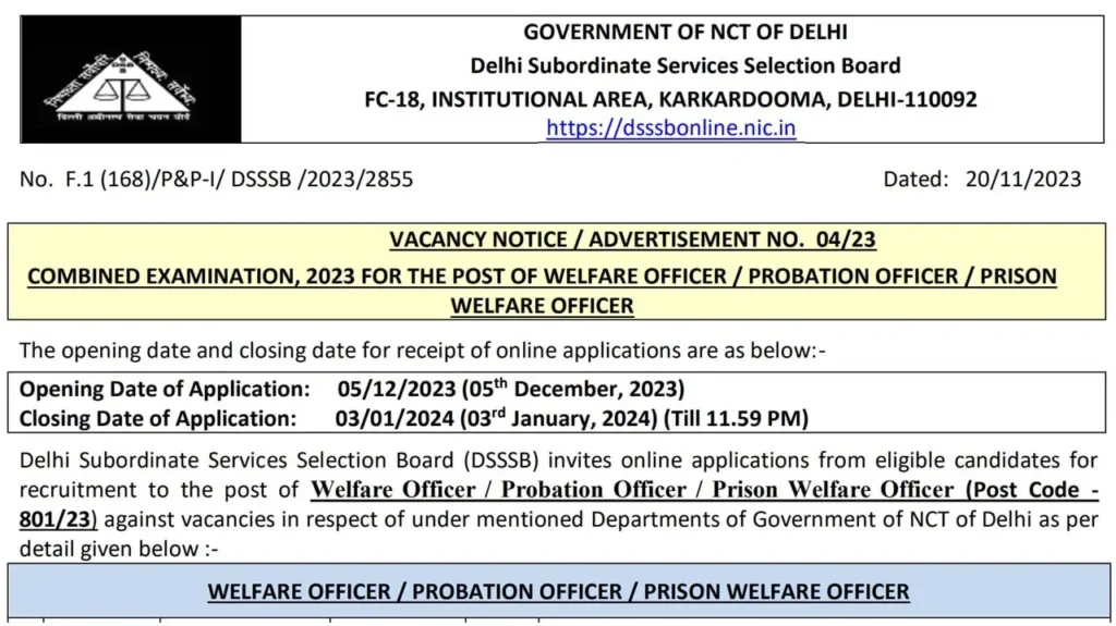 DSSSB Recruitment 2024 डीएसएसएसबी भर्ती 2024 का नोटिफिकेशन जारी