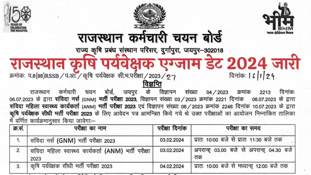 Rajasthan Agriculture Supervisor Exam Date 2024 राजस्थान कृषि पर्यवेक्षक एग्जाम डेट 2024 जारी